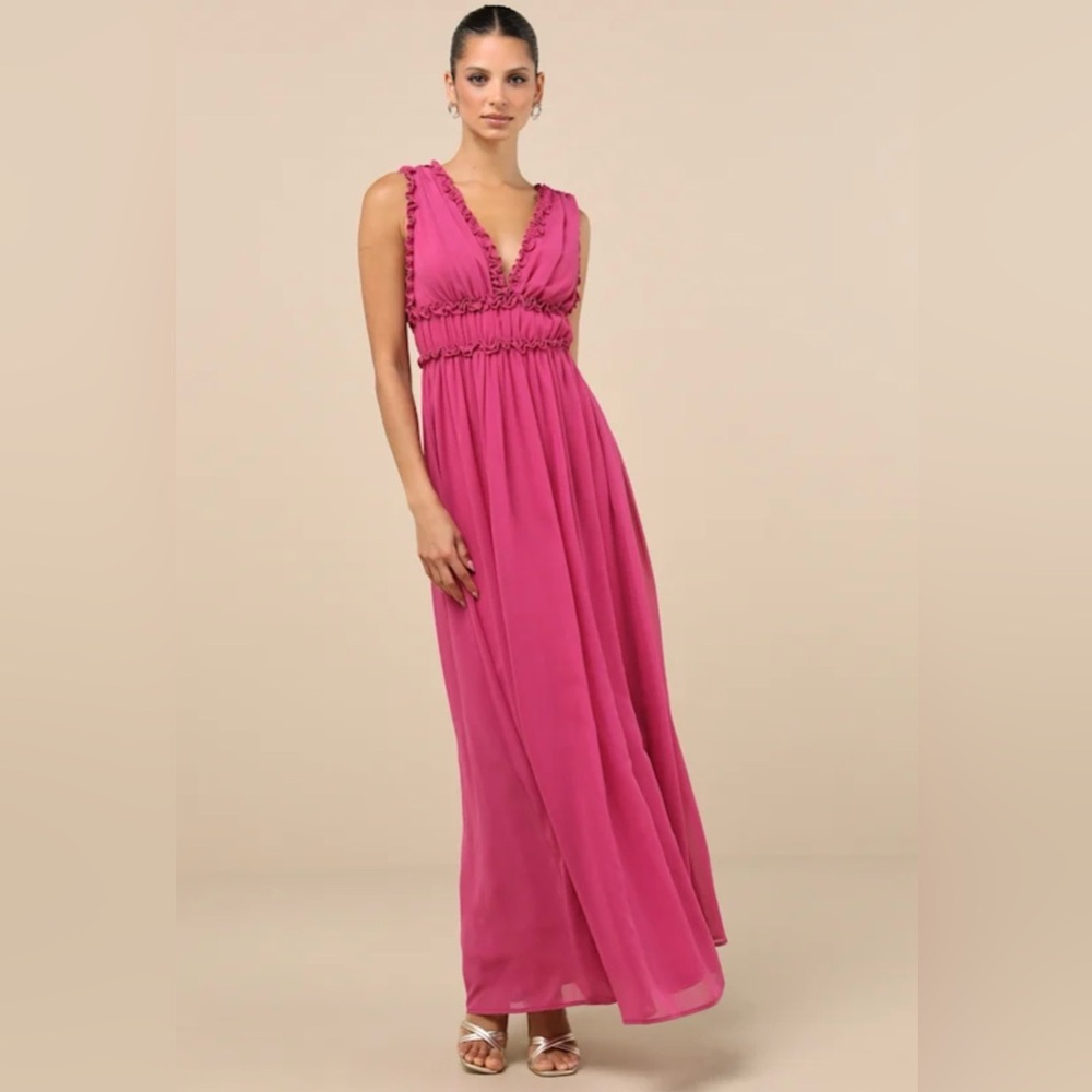 Lulus Helvia Ruffled Sleeveless Maxi Dress Berry Pink M NWT